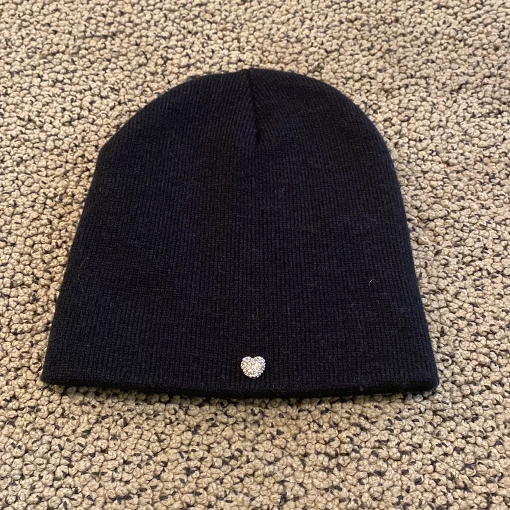 NWOT Inspired Leather Patch Knit Black Beanie with Rhinestone Heart